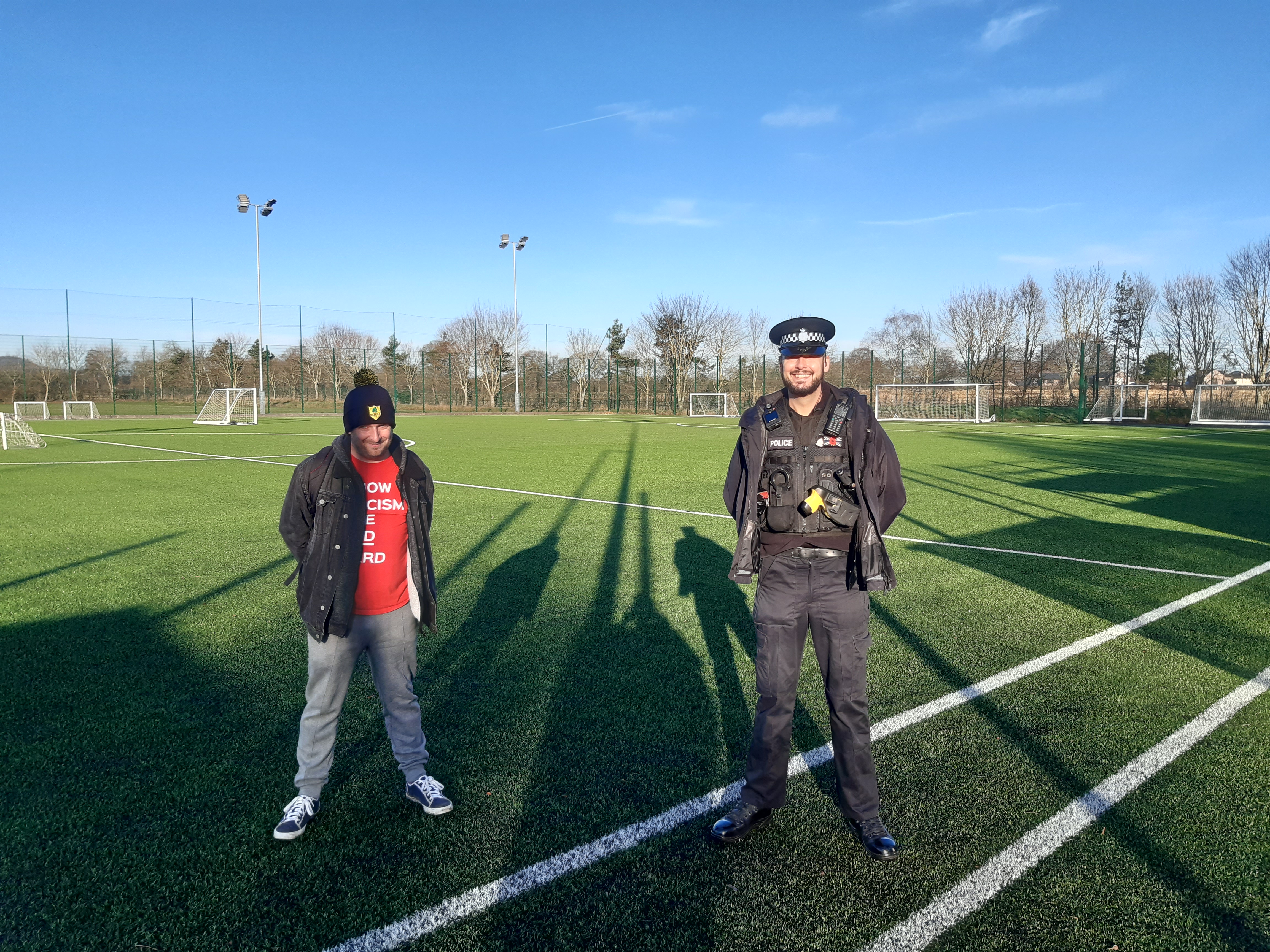 Pictured: Sergeant Dave Smith of the Wrexham Neighbourhood Policing Team and Bellevue FC founder Delwyn Derrick.