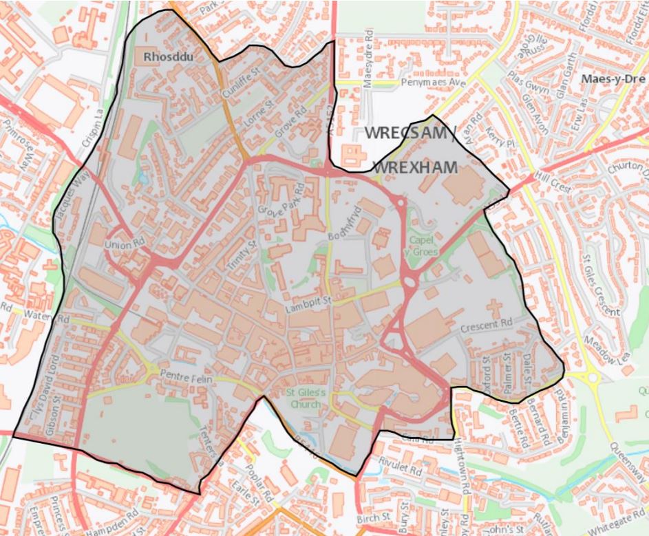 Map of Wrexham city where dispersal order covers